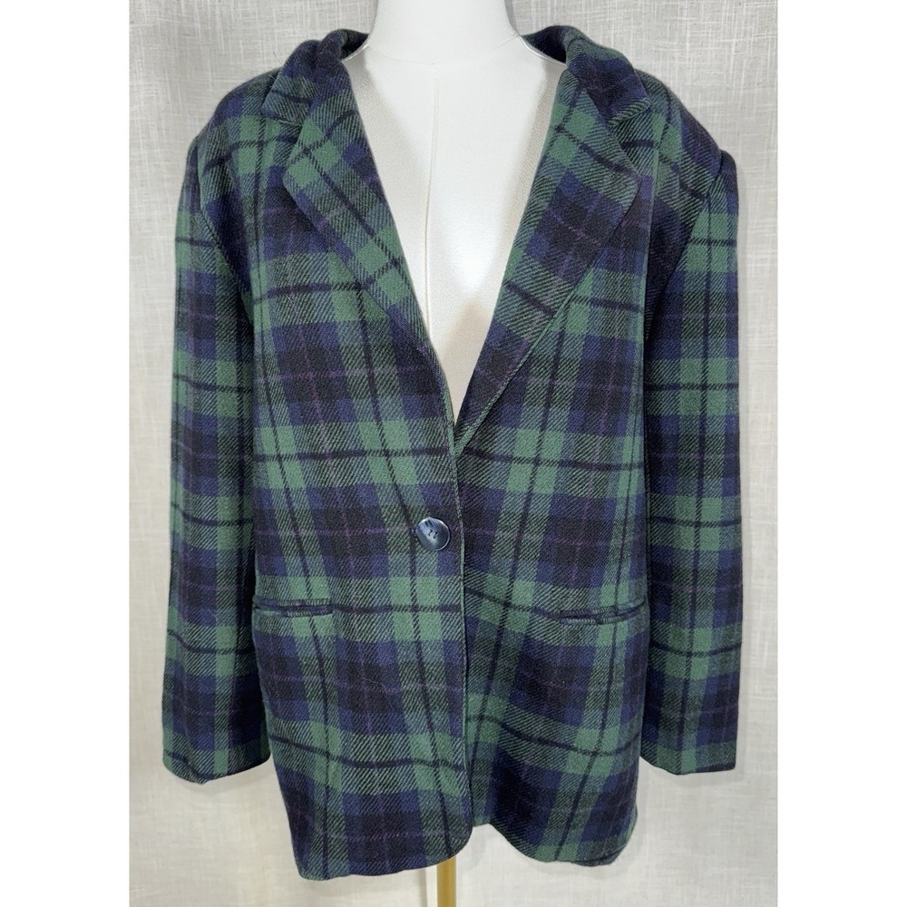 Vintage Savannah Blazer WOOL Women's 14 Padded Shoulders Blue Green Plaid Tartan